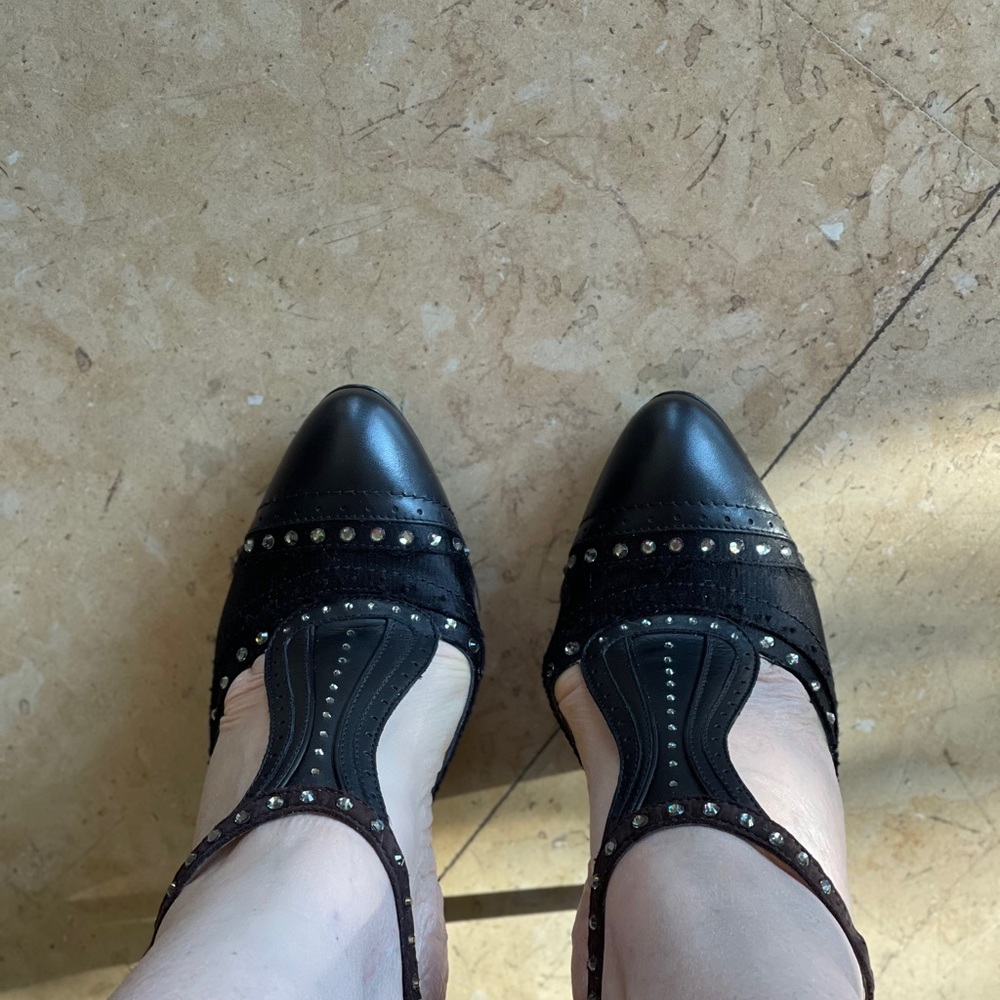 HP💝Vintage New LANVIN blk & brn satin & leather with rhinestones HEELS - Picture 10 of 13
